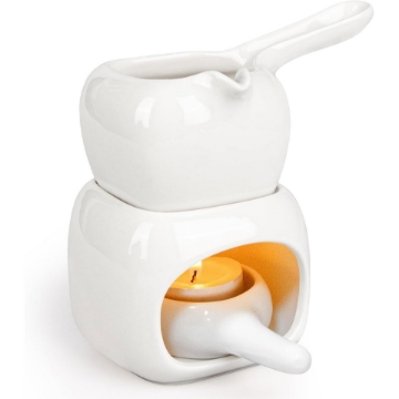 Ceramic Essential Oil Burner with Tea Light Holder - Aromatherapy Diffuser for Home | Handmade White Fragrance Lamp with Split Design, Extended Handle & Enlarged Wax Bowl