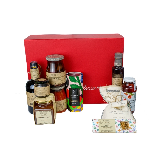  Luxury magnetic closure gift box with a ribbon, containing gourmet Greek food products.