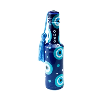 elenianna Greek Ouzo 50ml Evil Eye Bottle A studio shot of the elegant elenianna mini ouzo bottle, featuring a distinct Aegean blue evil eye design and a clean white label.