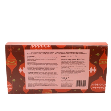 ÉSOPHY Greek Handmade Chocolates Ingredients – Hazelnuts, Cocoa Mass, ISO 22000 Certified. Ingredients list, nutritional data, and producer info for Milk Chocolate Pralines with Gianduja and Dark Chocolate Salted Caramel, 100g.