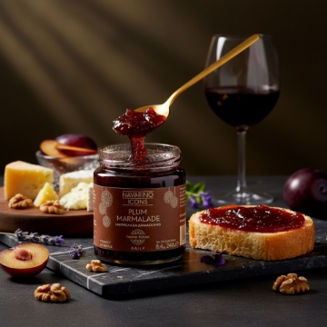 Best Plum Jam for Cheese Boards – Navarino Icons Festive Marmalade An elegant gourmet cheese board pairing, showing the rich texture of Navarino Icons Plum Marmalade on a spoon, alongside assorted cheeses, walnuts, and a glass of red wine.