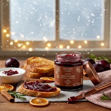 Gourmet Plum Jam for Festive Breakfast Ideas | Navarino Icons A festive breakfast setting featuring Navarino Icons Plum Marmalade spread on toast, with a side of Greek yogurt and cinnamon, by a cozy, snowy window.