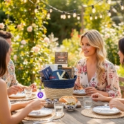 A group of friends enjoying an outdoor garden dinner with The Aegean Blue Collection Greek food hamper serving as the centerpiece on the wooden table