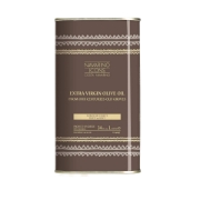 Front view of Navarino Icons 1000ml tin of Koroneiki variety Extra Virgin Olive Oil, highlighting the "Product of Greece" label and traditional pattern design.