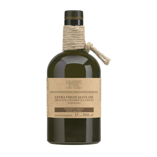 Navarino Icons 500ml bottle of Extra Virgin Olive Oil with Koroneiki variety label and decorative twine neck wrap on a white background.
