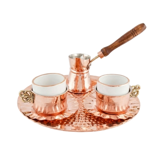 Complete artisanal Greek coffee gift set including a solid copper hammered coffee pot, two tin-lined cups with brass handles, and a decorative copper tray.