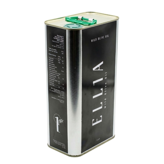 ELL1A 3 liter tin of premium Wild Olive Oil produced from rare Agrielia trees in Ancient Epidaurus, featuring high phenolic content and cold extraction.