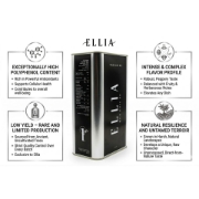 Infographic for ELL1A Wild Olive Oil highlighting high polyphenol antioxidant content, low yield rare production, intense peppery flavor profile, and natural untamed terroir.