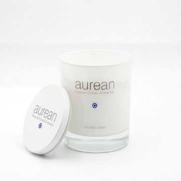 Aurean Golden Lumos Scented Candle - Velvet Vanilla & White Embers 45-50h | Handcrafted Greek Candle with Evil Eye Charm, RCX Rapeseed & Coconut Wax Blend, White Matte Vessel