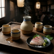 Artisanal ceramic sake serving set with steaming carafe and matching shot cups on a wooden tray with sashimi.