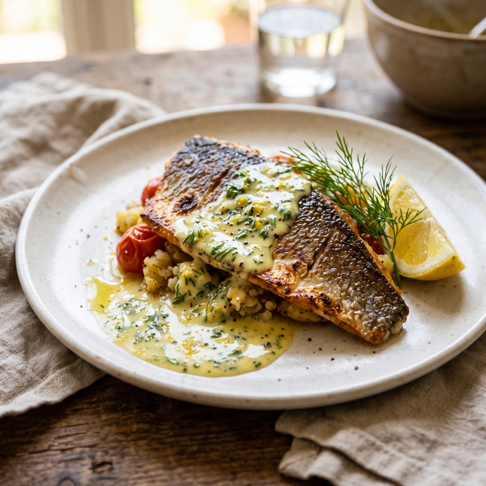 Seared Sea Bass with Lemon-Herb Emulsion and High-Phenolic Olive Oil finished dish serving suggestion