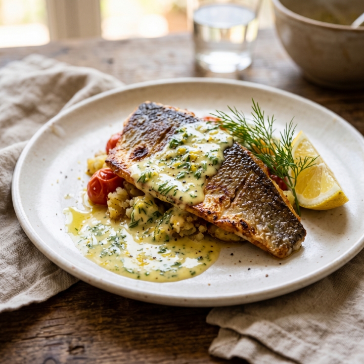 Seared Sea Bass with Lemon-Herb Emulsion and High-Phenolic Olive Oil