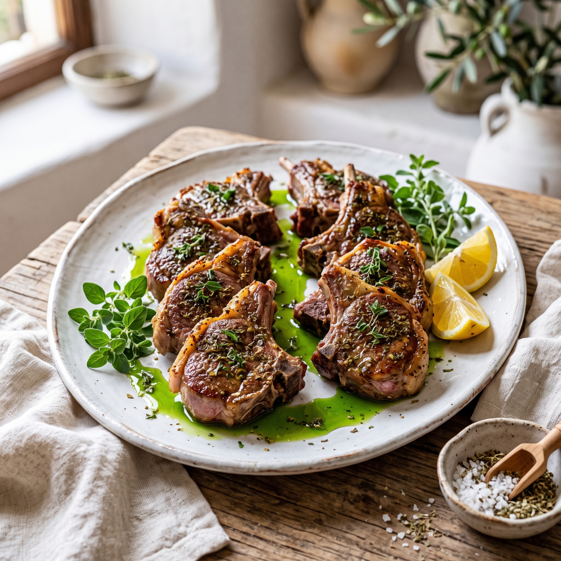 Cretan Herb-Crusted Lamb Chops with High-Phenolic Olive Oil Drizzle finished dish serving suggestion