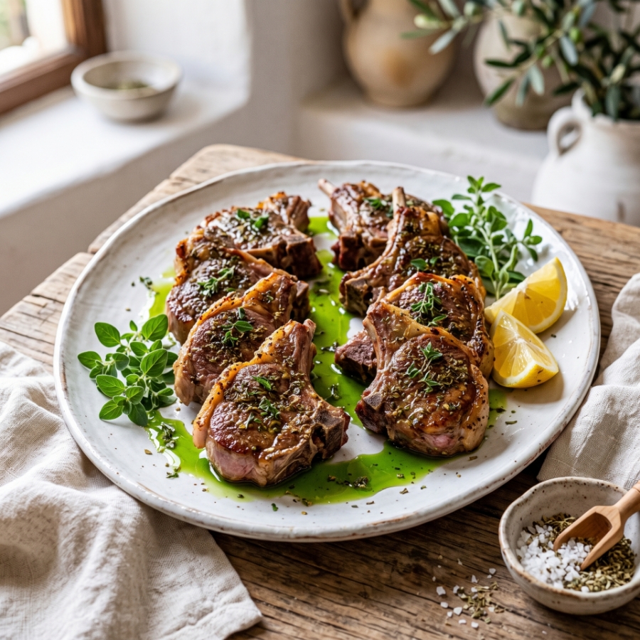 Cretan Herb-Crusted Lamb Chops with High-Phenolic Olive Oil Drizzle
