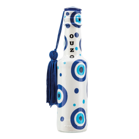 Greek Ouzo 50ml White Mini Bottle with Aegean Blue Evil Eye Charm