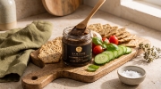 Samynthos Organic Tahini with Black Garlic 200g - Cold-Pressed on a clean ecommerce background
