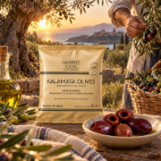 Navarino Icons Kalamata Olives Pitted in Extra Virgin Olive Oil, 30g on a clean ecommerce background